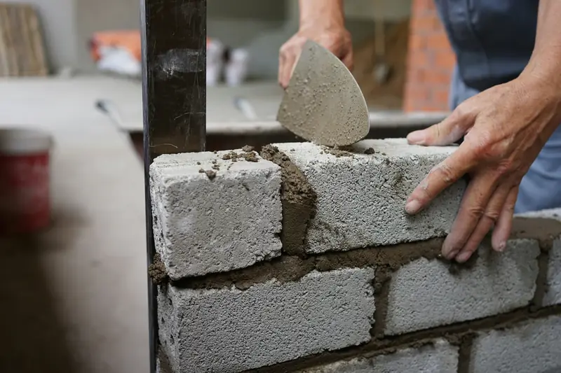 Maçon montant un mur en blocs de béton à la truelle